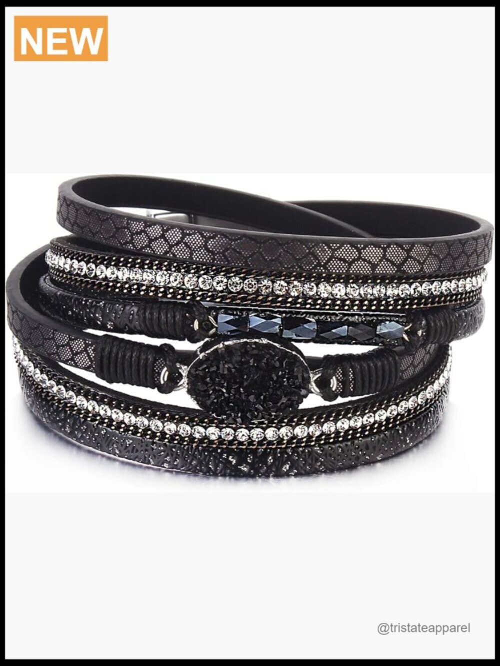 Boho Leather Wrap Bracelet Stackable Crystal Cuff